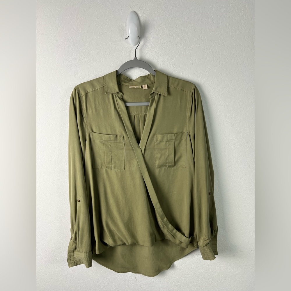 Holding Horses Anthropologie Olive Green Wrap Faux Style Top